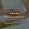 Lady sitting holding her hands on stomach with review for Turkey Tail Mushrooms