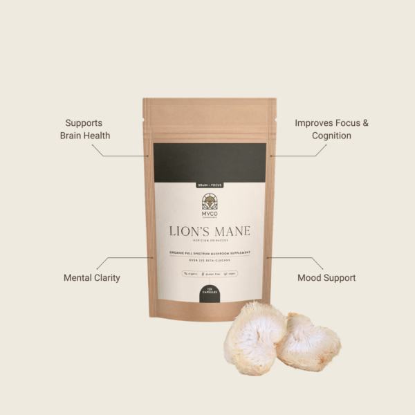 Lions Mane product with benefits listed