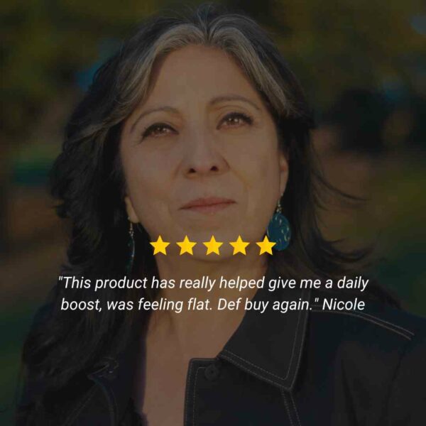 Older woman with dark hair with written review for Cordyceps