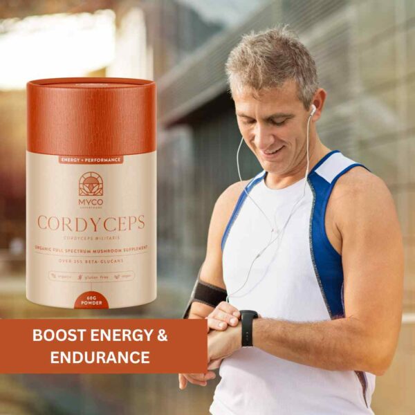 Cordyceps Mushroom product with athlete