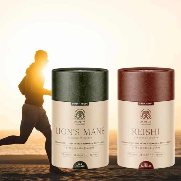 Lion's Mane and Reishi Mushroom supplement with jogger on beach