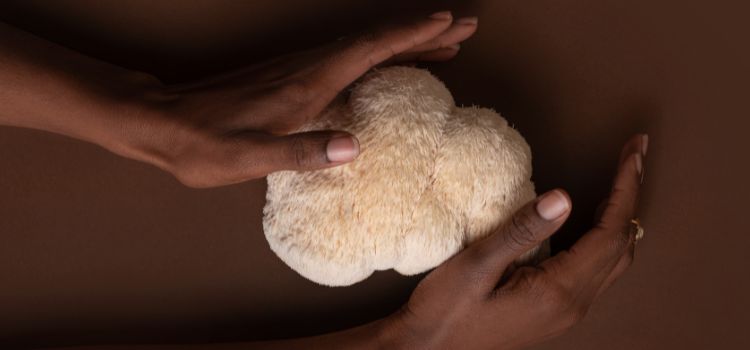 woman holding fresh lions mane mushroom